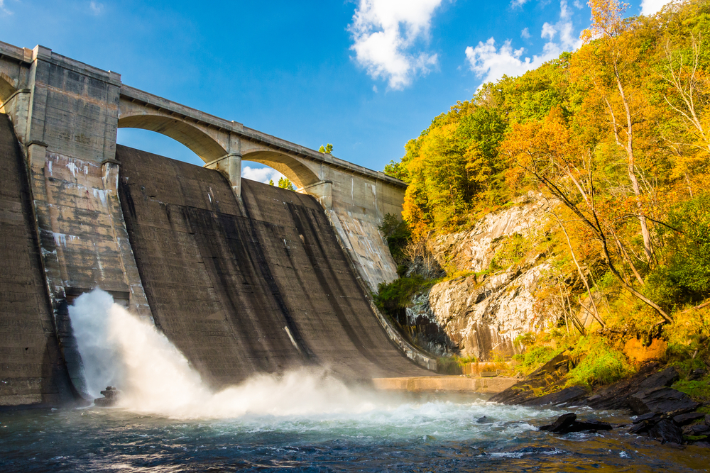 Early autumn color and Prettyboy Dam, on the Gunpowder River in Baltimore County, Maryland.